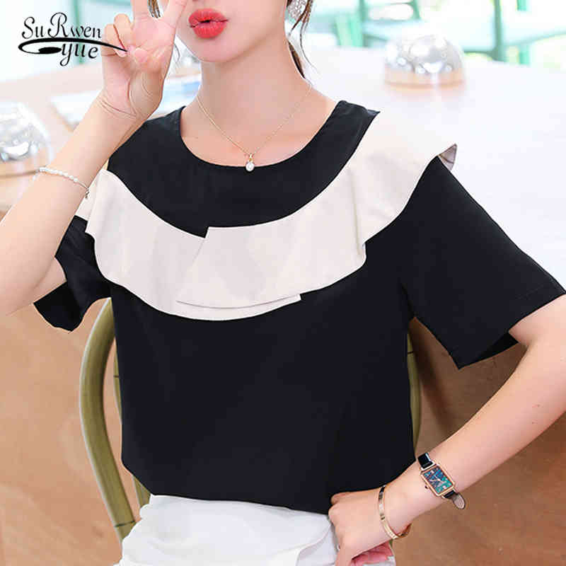 

Korean Fashion Clothing Blouse Women Short Sleeve Ruffles Tops Blusas Mujer De Moda Summer Chiffon femme 9809 210521, Black