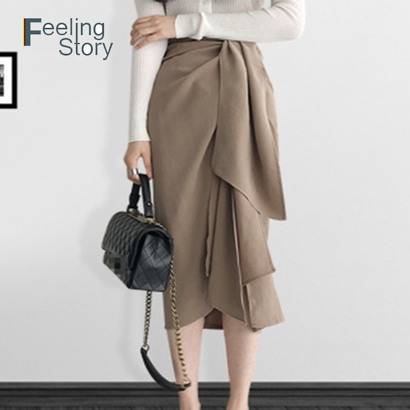 

Vintage Wrap Bow Satin Midi Skirt Women Split Sexy Solid High Waist s Fashion Spring Feminino Korean Long 210603, Khaki