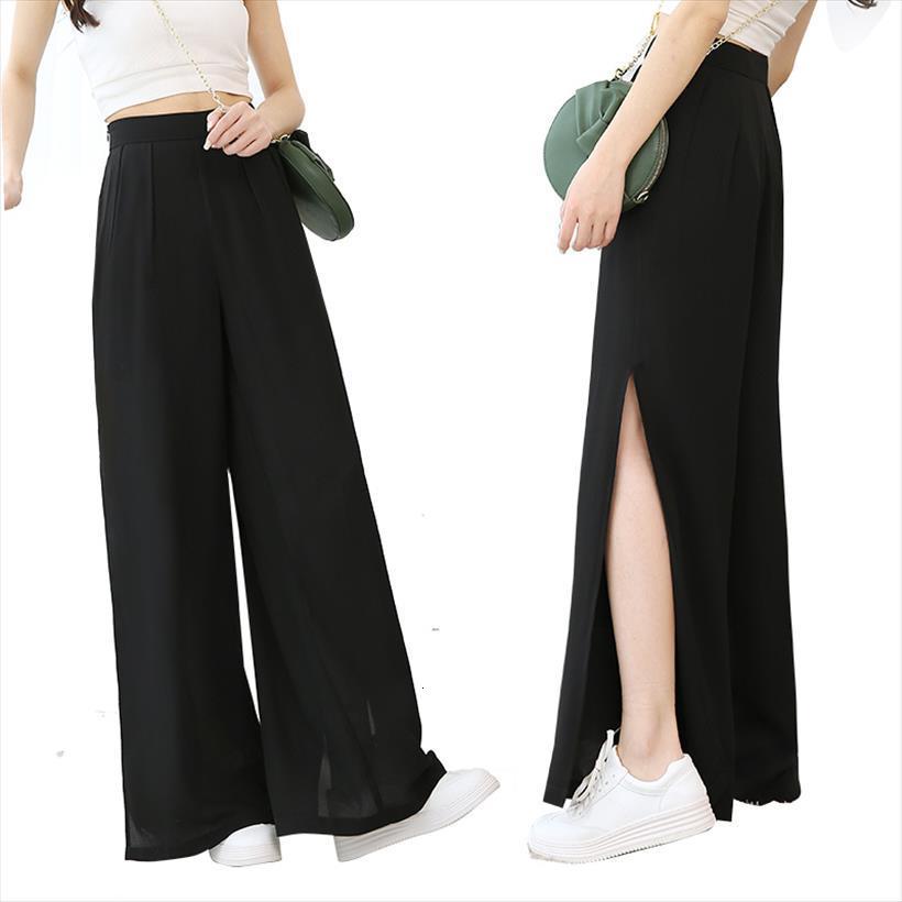 

wkoud wide leg black womens pants solid chiffon loose trousers side split high waist female full length summer pant p8383, Black;white