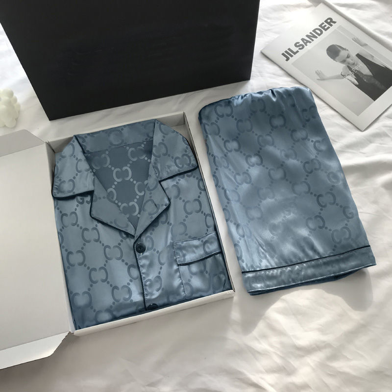 

Summer Couple Silk Sleepwear Men Women Short Sleeve Pajamas Double Letter Printed Sleepwear Unisex Home Wear, As pic