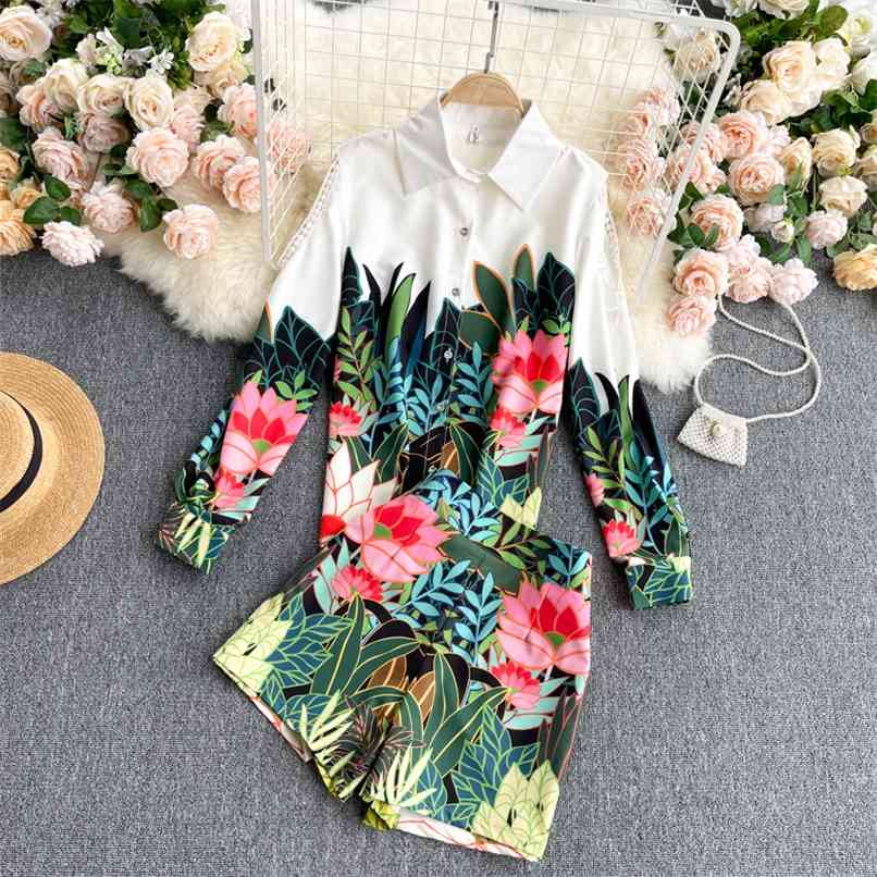 

Spring Fall Fashion Suits Lapel Strapless Long-sleeved Shirt Tropical Plant Print High-waisted Wide-leg Shorts 2 piece Set Women 210602, Green