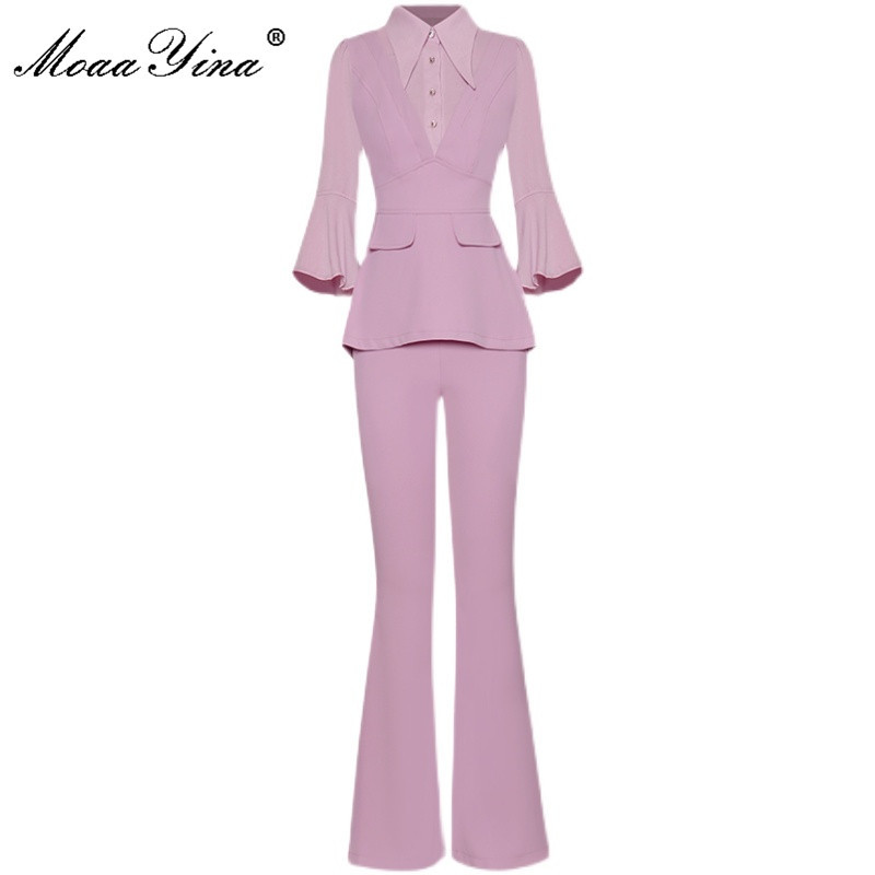 

Designer Summer Fashion Solid Two Pieces Pants Set Women' Long sleeve Slim Tops and Wide leg pants suit 210524, Blue