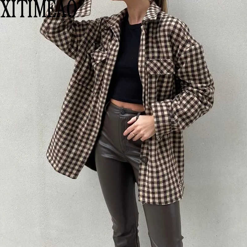

Za Fashion Women Lapel Long Sleeve Spring Autumn Tweed Shirt Casual Coat Loose Plaid Jacket 210604, Brown