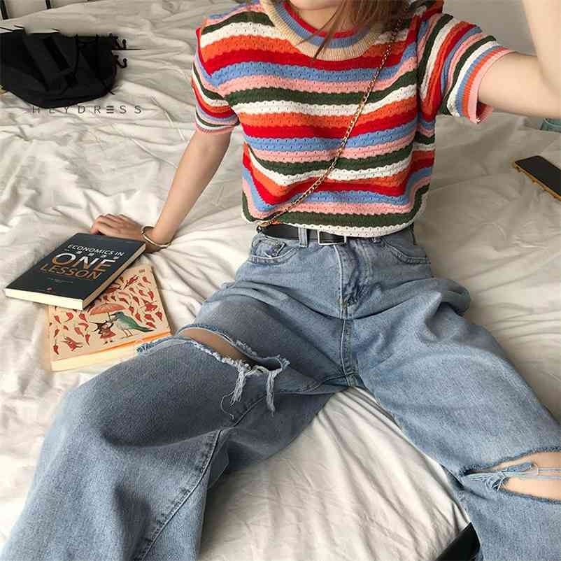 

Knitted Rainbow Shirt Women Summer Hollow Hit Colors O Neck Tee Short Sleeve Tops Casual Lantern T-shirts 210517, As picture