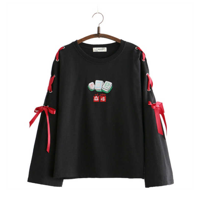 

MERRY PRETTY Women Cartoon Embroidery Lace Up Hoodies Spring Long Sleeve O-Neck Cotton Pullovers Chinese Style Sweatshirts 210526, Black
