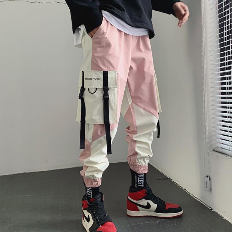 

Multi pockets ribbons patchwork mens punk hip hop cargo joggers pink color street vintage harem pants casual sweatpants for male, Black