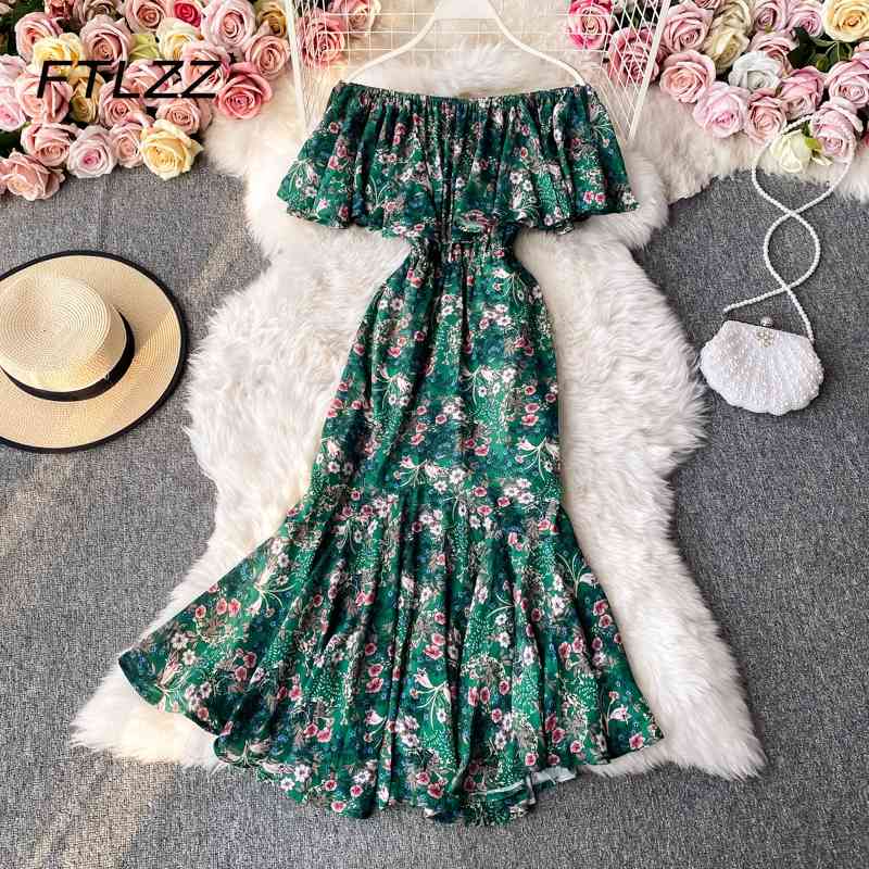 

French Trumpet Dres Sexy Off Shoulder Ruffles Boho Dresses Summer Vintage Floral Printing Long Robe Beach Vestidos Mujer 210602, Green