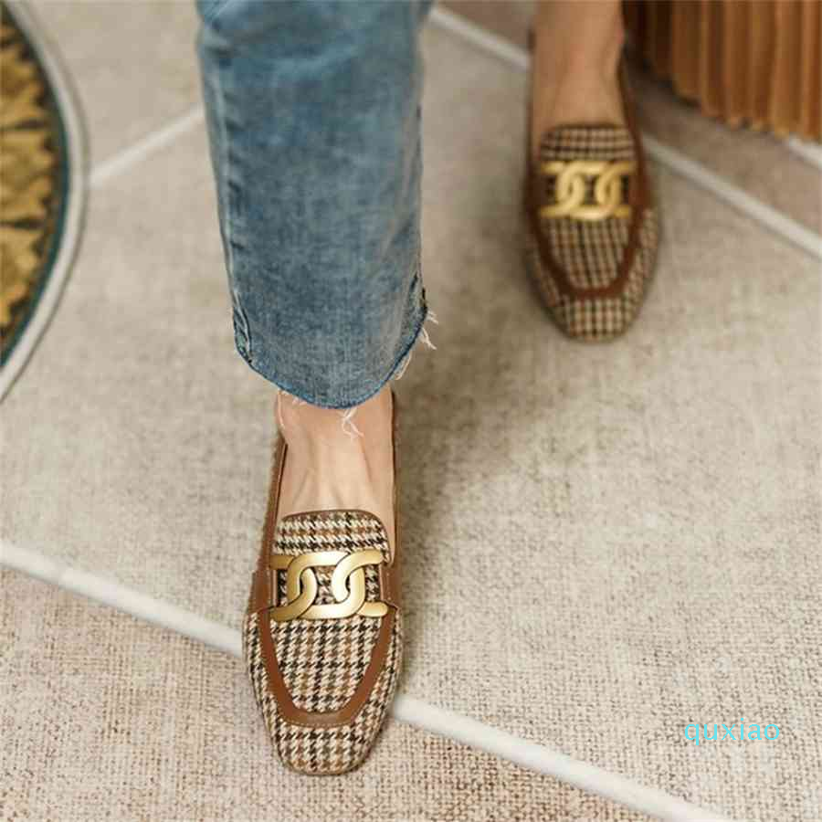 

New Women Party Prom Square Heeled Pumps Spring Autumn Basic Concise Pumps Cow Leather Brand Round Toe 2021 Loafers Woman, Brown