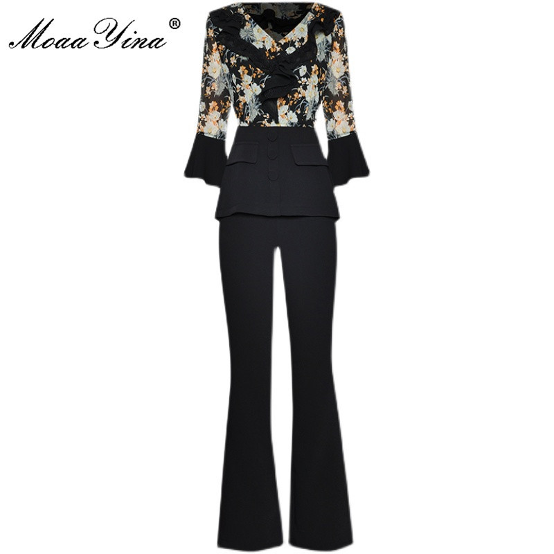 

Summer Runway Fashion Pants Suit Women V-neck Floral print Tops and Loose Black Wide Leg 2 Pieces Set 210524, Pink