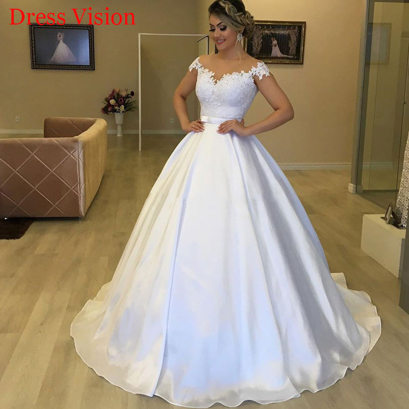 

Vestidos De Novia Lace Tulle O-neck Wedding Dresses Cap Sleeves Robe De Soire De Mariage Wedding Gown, White