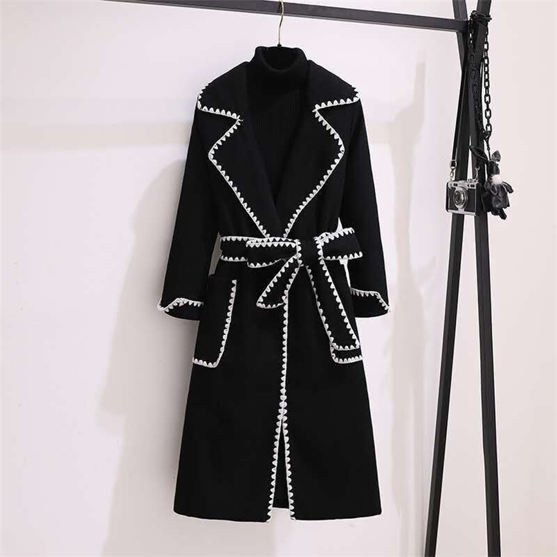 Wool blend long coats for women vintage plus size 4XL lapel slim coats with belts Oversize Korean style elegant outwear 211104