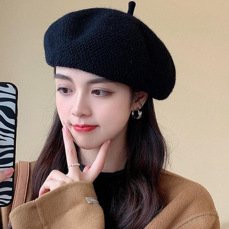 

Berets Autumn Hole Beret Hat Wool Blends Winter Women Pure Color British Lady Japanese Caps Wedding Gorros Mujer, Black