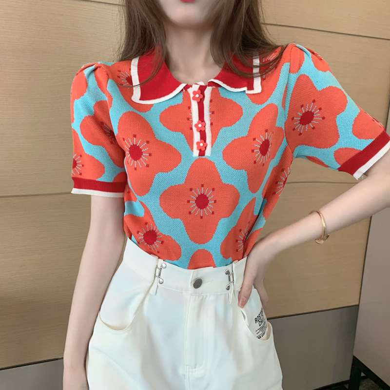 

Korea Chic Summer Temperament Elegant Sweet Flowers Turn Down Collar Short Sleeve Pullover Knitted Sweaters Women's Tops 210518, Picture color