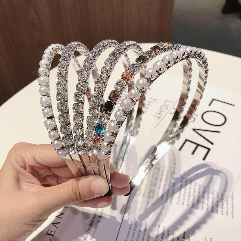 

Hair Clips & Barrettes Crystal Headbands Weeding Accessories Women Luxury Durable Shiny Rhinestone Peal Double-layer Headwear Jewelry For Pa, Golden;silver