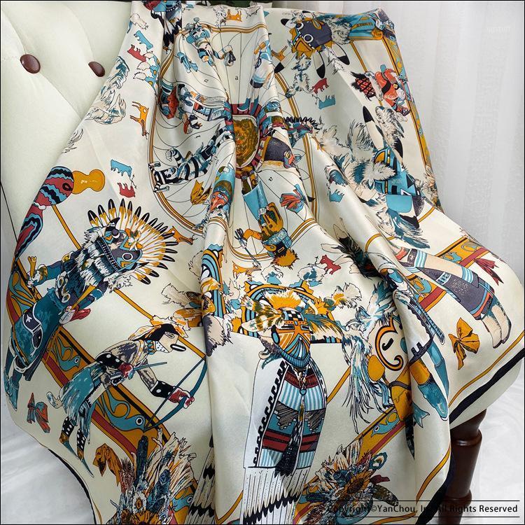 

Scarves Authentic Silk Square Scarf 110 Foulard Satin Summer Large 110*110cm Hand Sewn Edges Scarfs Mulberry-Silk Shawl"Kachinas, Blue;gray