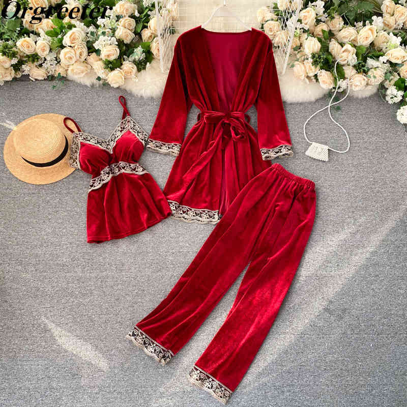 

Home Wear Women's Fall Winter Pajamas Suits Sexy Lace Patchwork Velvet Tank Vest Top+Cardigan+Pant 3 Pieces Sets 210525, Blue