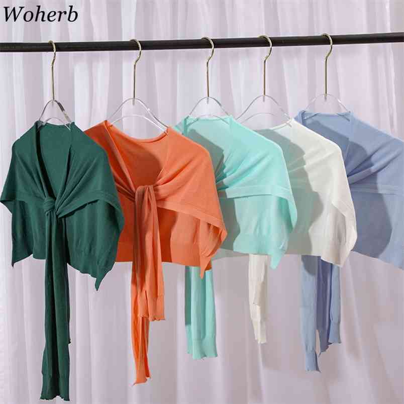 

Women Sunproof Neckwear Tie Knitted Shawl Fake Collar Summer Casual Solid Cape Korean Chic All Match Tops 210519, Light green