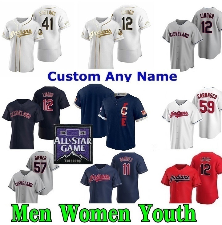 

cleveland men women youth indians 2021 all-star game baseball jerseys francisco lindor jose ramirez roberto perez shane bieber franmil reyes, Blue;black