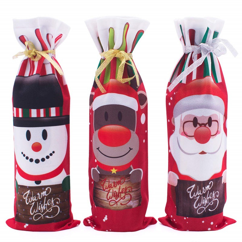 

wholesale Cute Christmas Wine Bottle Covers Bag Holiday Elk Snowman Champagne Bottles Cover Red Merry Xmas Table Party Decorations For Home