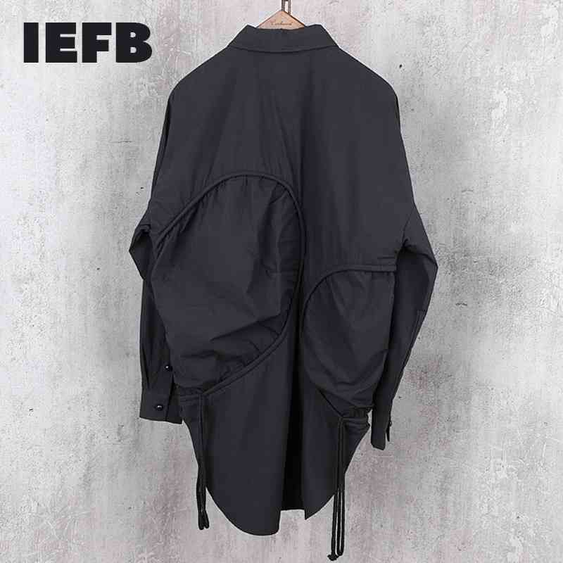 

IEFB High Quality Men's Medium And Long Shirt Black Off Shoulder Fashion Cool Three-dimensional Drawstring Design Blouse 9Y5754 210524