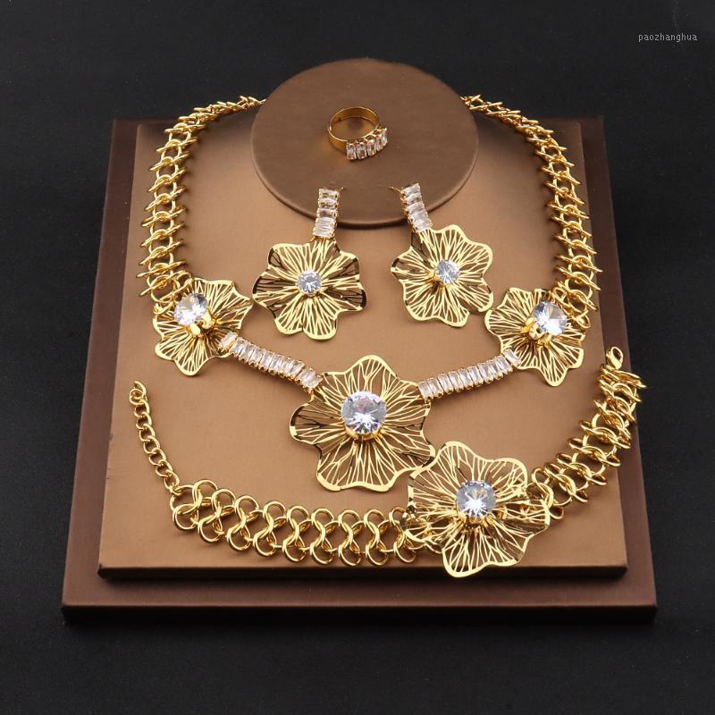 

Earrings & Necklace 5Pcs/Set Romantic Flower Jewelry Sets For Women Gold Plated Bracelet Ring Wedding Bridal Set, Silver