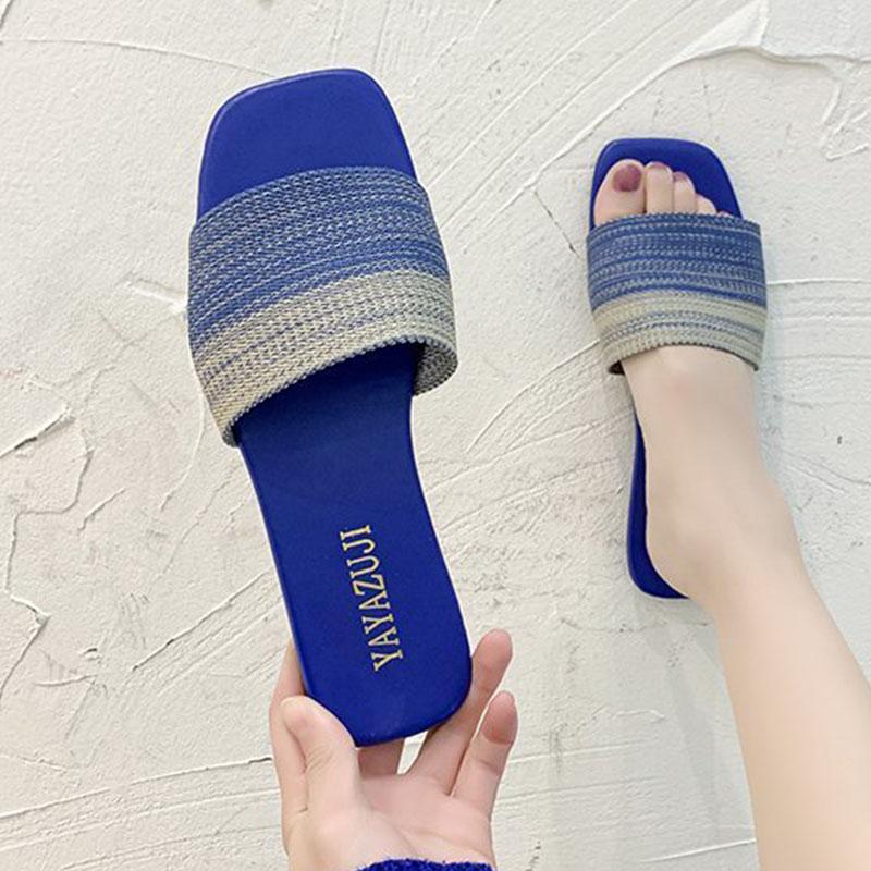 

Slippers Beach Women Blue Red 2022 Flying Woven Slides Casual Sandals Summer Shoes Square Toe Woman Flip Flops