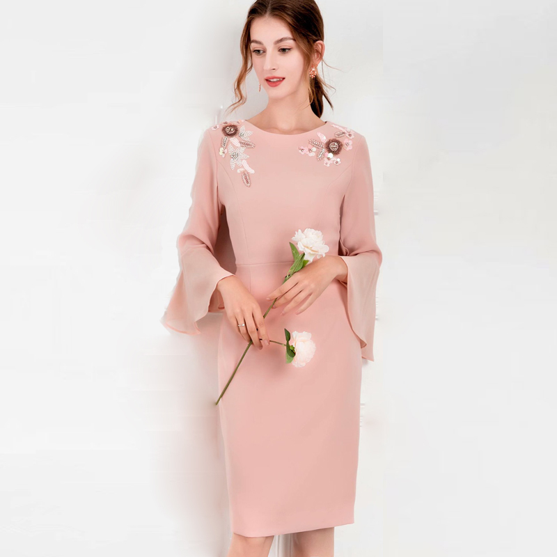 

Women' Dresses O Neck Flare Sleeves Beaded Sequined Flower Elegant Split Pencil Dress Vestidos, Black