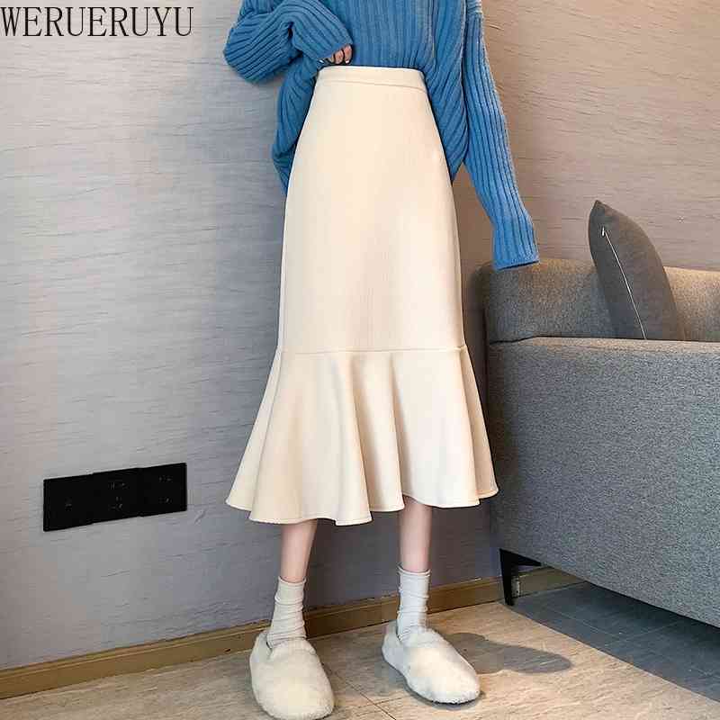 

WERUERUYU Fashion Women High Waist Thicken Mermaid Skirt Lady Office Wear Skirt Solid Color Knee Length Trumpet Skirts 210608, Photo color