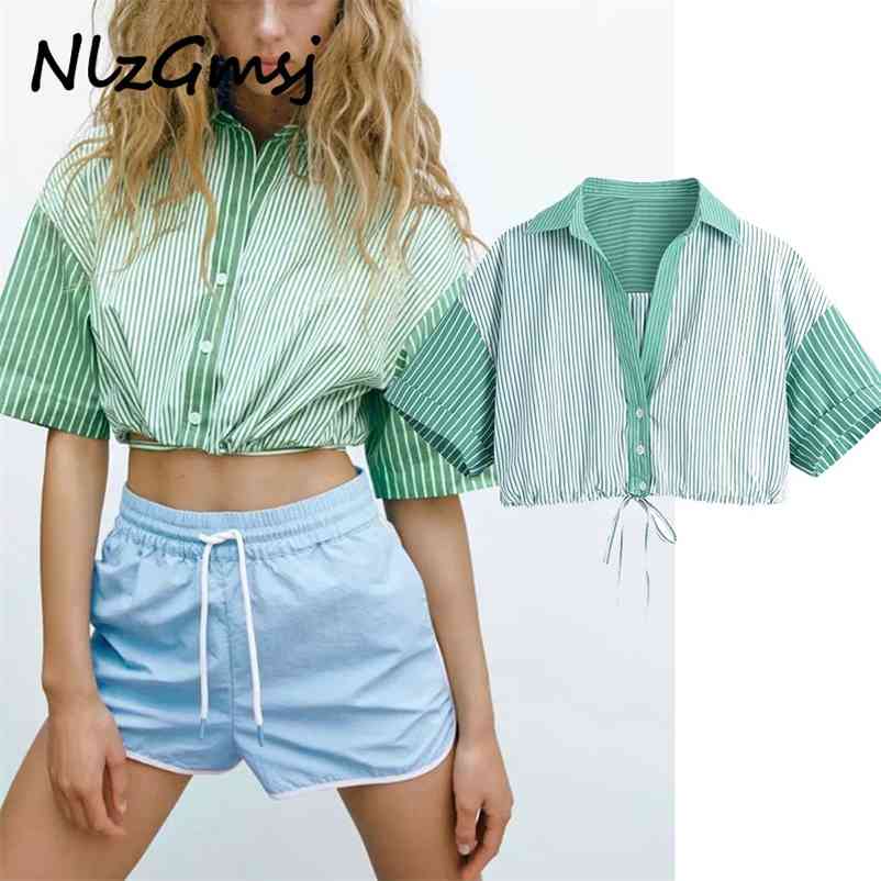 

Blouse Women Poplin Shirts Summer Short Sleeve Button Up Woman Shirt Casual Elastic Hem Crop Tops 03 210628, As picture
