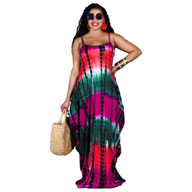 

Womens Tie-dye Color Dresses Fashion Trend U-Neck Sling High Waist Plus Size Long Skirts Designer Summer Female with Pocket Casual Loose Dress