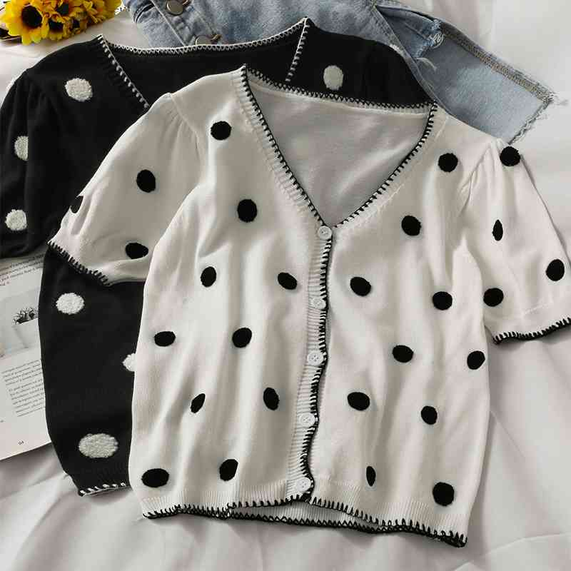 

Kimutomo Polka Dot Knitted T-shirt Women V-neck Short Sleeve Single Breasted Tops Spring Summer Korean Chic Fashion 210521, White