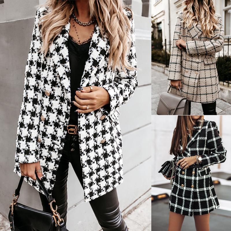 

womens wool fashion plaid houndstooth printing long jacket lapel trench coat overcoat winter faux abrigos mujer, Black