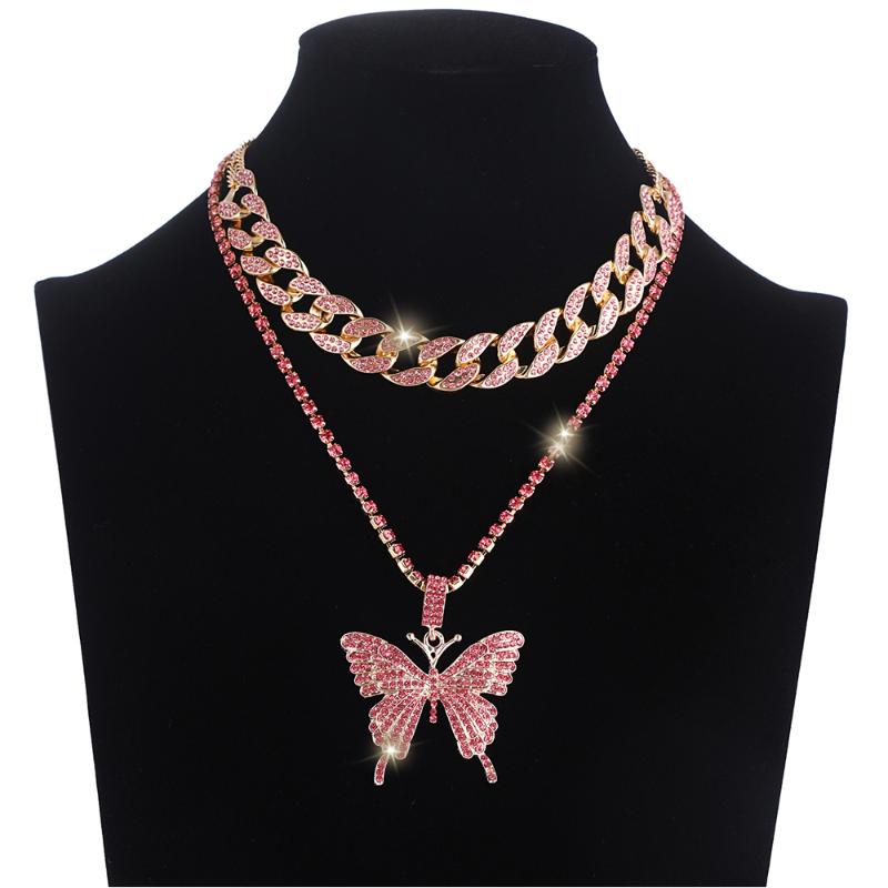 

Chokers Iced Out Butterfly Necklace Pendant Cuban Link Chain Choker Women Girls Chains Luxury Bling Hip Hop Jewelry, Golden;silver