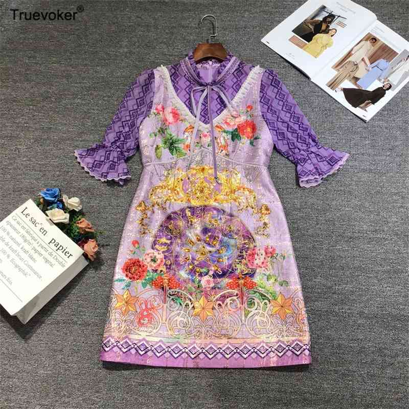 

Truevoker Women Half Sleeve Oil Painting Print Lace Patchwork Luxury Diamond Crystal Dress 210602, Lavender
