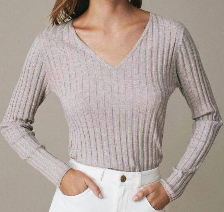 

Women' wool thread V-neck Knits top in Europe and America shirt Women Sleeve Casual T-Shirt Top Spring knit, Dark grey