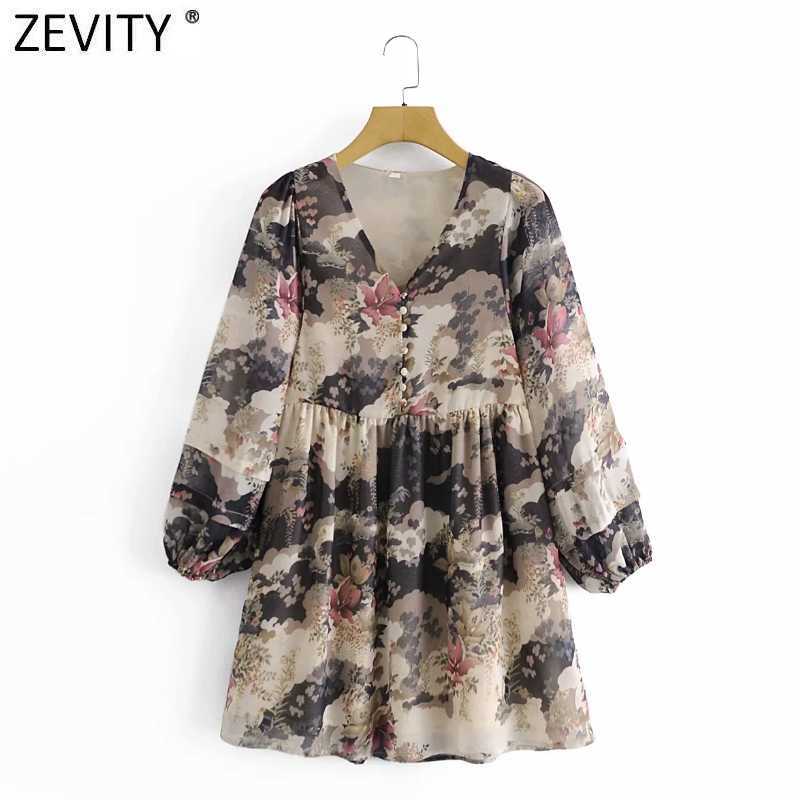 

Zevity Spring Women Elegant V Neck Ink Painting Flower Print Casual Mini Dress Female Chic Lantern Sleeve Vestidos DS4950 210603, As pic ds4950aazz
