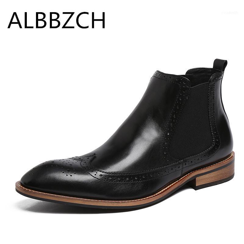 

Boots Pointe Toe Men Fashion Carving Designer Slip On Genuine Leather Work Business Dress Ankle Weddingshoes Size 441, Black