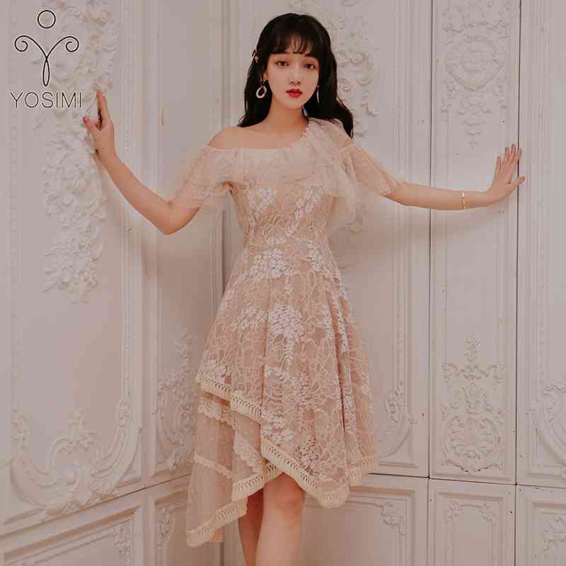 

YOSIMI Summer Midi Ladies Party Dress Short Sleeve One-shoulder Beige Lace Women Dresses Knee-Length Female Vestidos Tunic 210604, Khaki