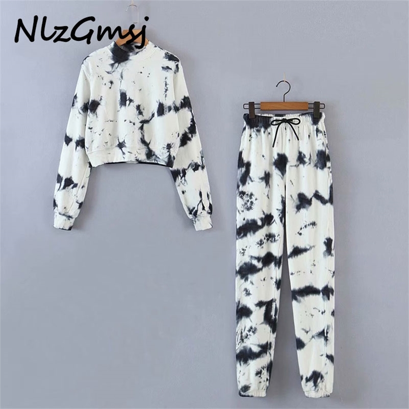 

Set High Street Vintage Tie-Dyed Print Hoodie Sweatshirt And Jogging Trousers Pants Two Pieces Set 210628, As picture