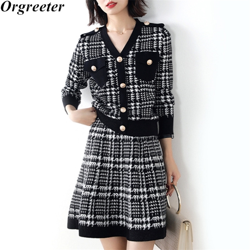 

Houndstooth Fashion Knitted Sweater Skirt Two piece set Women's Casual Single-breasted Pullover Knit Tops and A-line Skirts Sets 210602, Picture color