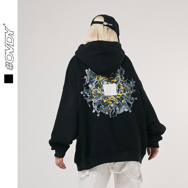 

wxwovdy 2021 autumn and winter new national street crowd surging print oversize hoodie men, Black