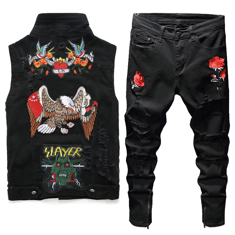 

Black Slim Tracksuit Summer Embroidered Rose Men's 2pcs Pant Sets Fashion Stretch Lapel Denim Vest and Jeans, Vest and pants 573.1863