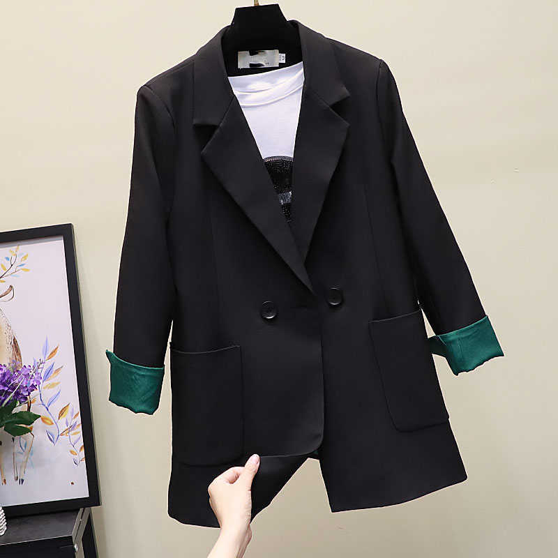 

Women's black blazer loose long sleeve ladies jacket Casual double-breasted lady's small suit Feminine coat 210527