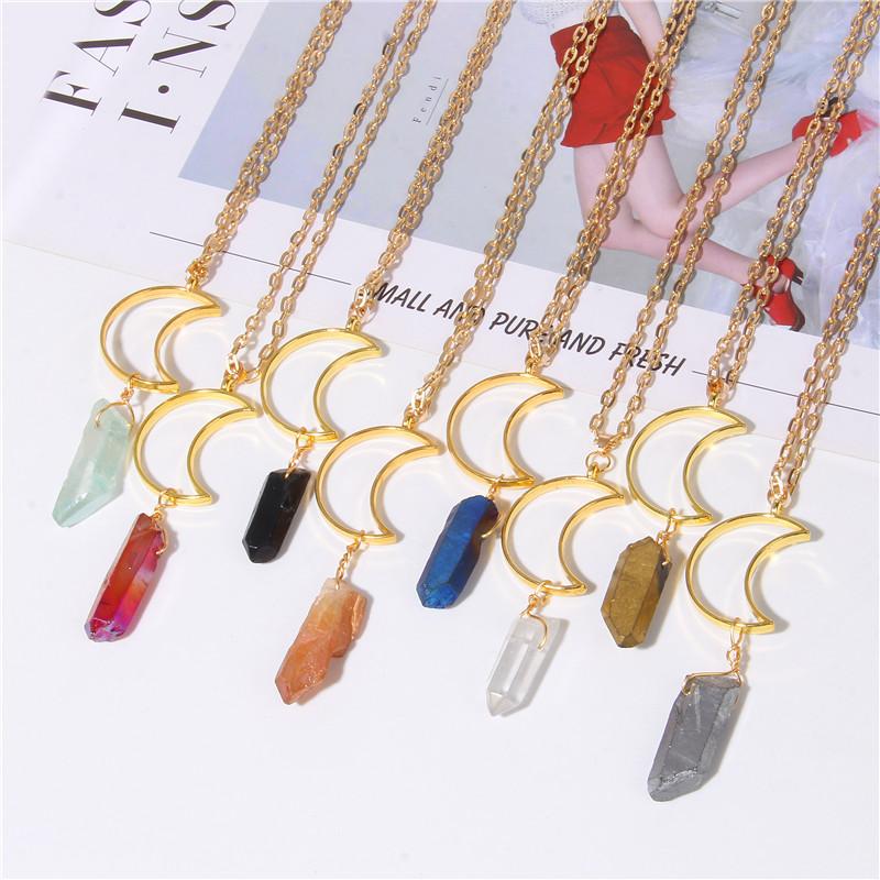 

Pendant Necklaces Natural Stone Spike Point Hollow Moon Necklace Stick Beads Charm Female Golden Chain For Women Jewelry Gift