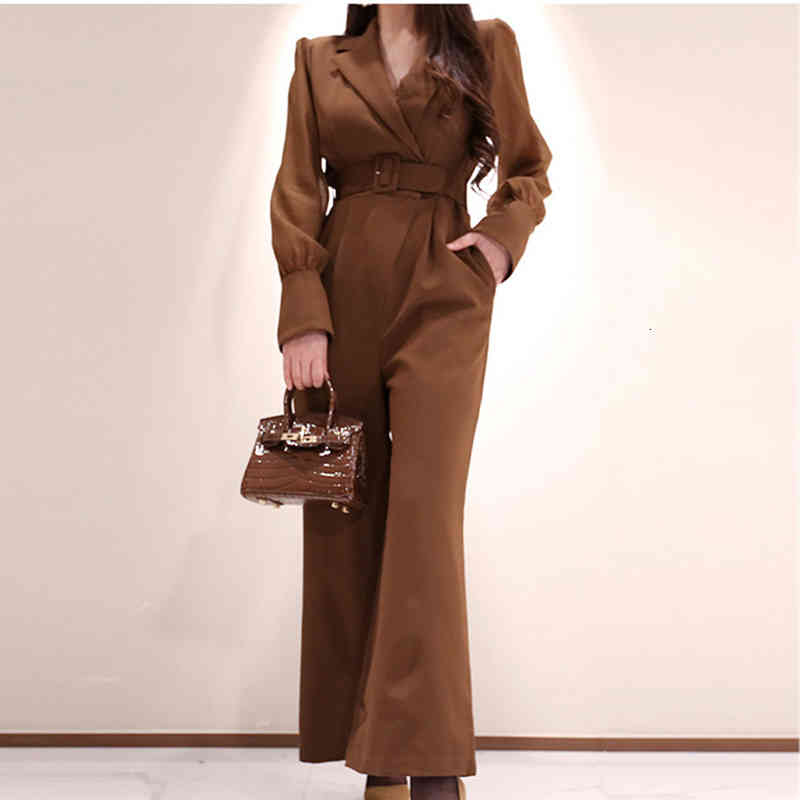 

Autumn Spring Elegant Office Lady Jumpsuits Women High Waist Wide Leg Work Wear Long Belted Jumpsuit, Black;white