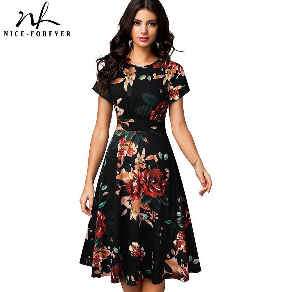 

Nice-forever Vintage Elegant Floral Print Pleated Round neck vestidos A-Line Pinup Business Party Women Flare Swing Dress A102, White floral