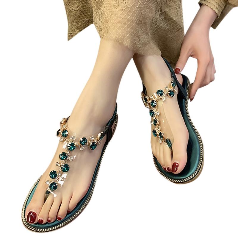 

Sandals Lace Up Sexy Luxury Women Thong T-Type Open Toe Rhinestone Flat Bottom Roman Shoes Sandalia Feminina#11035, Green