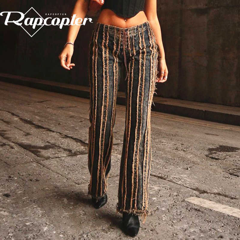 

Rapcopter Cross Tie Up Jeans Y2K Retro Denim Pants Streetwear Harajuku Cargo Pants Women Patched Tassel Jeans Mom Trousers 90S H0908, Blue