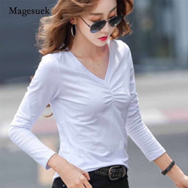 

Autumn Clothes Korean Office Lady Style Slim Plus Shirts Cotton V-neck Solid Color T-Shirt Women' Long Sleeve Top Female 10638 210518, Black