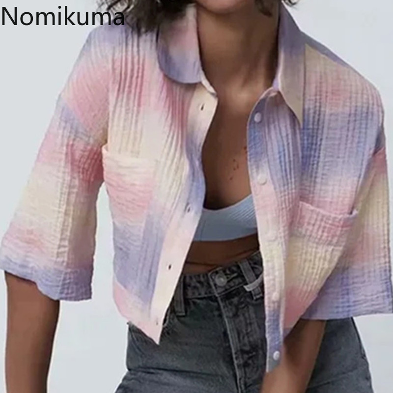 Nomikuma Gradient Tie Dye Short Blouses Women Causal Short Sleeve Shirts Tops Spring Summer New Korean Blusas Mujer 6G463 210427